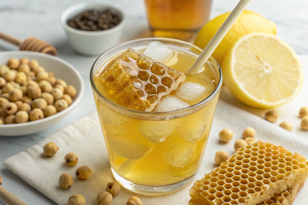 A refreshing glass of golden lotus seed honey drink, garnished with floating lotus seeds, served on a rustic wooden table. Warm sunlight casts a natural glow, creating a cozy and inviting atmosphere. A honey dipper with dripping honey and a small wooden bowl of lotus seeds are placed nearby for an organic aesthetic. The background is softly blurred with hints of greenery, giving a fresh and natural feel. Shot in a close-up perspective, with a shallow depth of field, high detail, and vibrant colors.