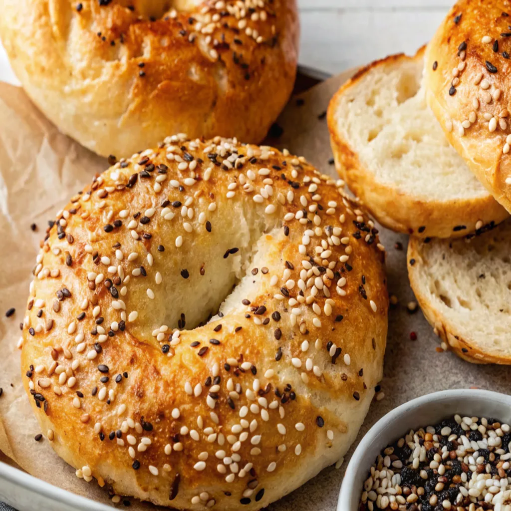 Close-up of a 2 Ingredient Bagel with Cottage Cheese topped with sesame seeds